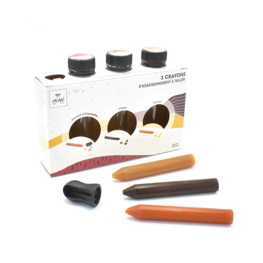 Assaisonnement à tailler | coffret 3 crayons | L'Epicurien | PIMENT D'ESPELETTE (BIO) + CÈPE + SAFRAN (BIO)