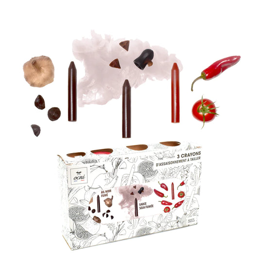 Assaisonnement à tailler | coffret 3 crayons | Le fameux fumet! | AIL NOIR FUMÉ (BIO) + SAUCE SOJA FUMÉE + PAPRIKA FUMÉ (BIO)